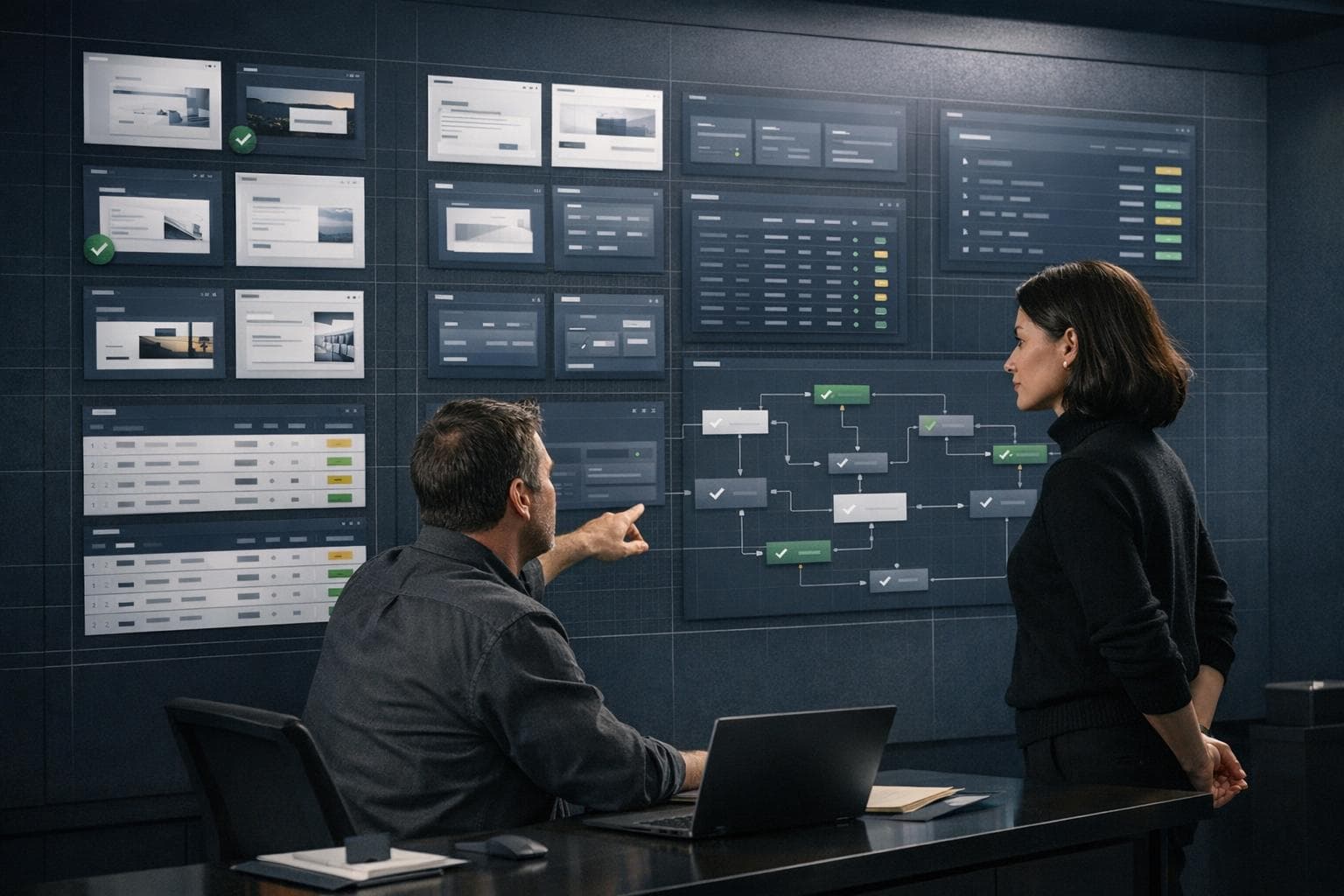 A wall of live dashboards showing businesses running on Cognautic's platform