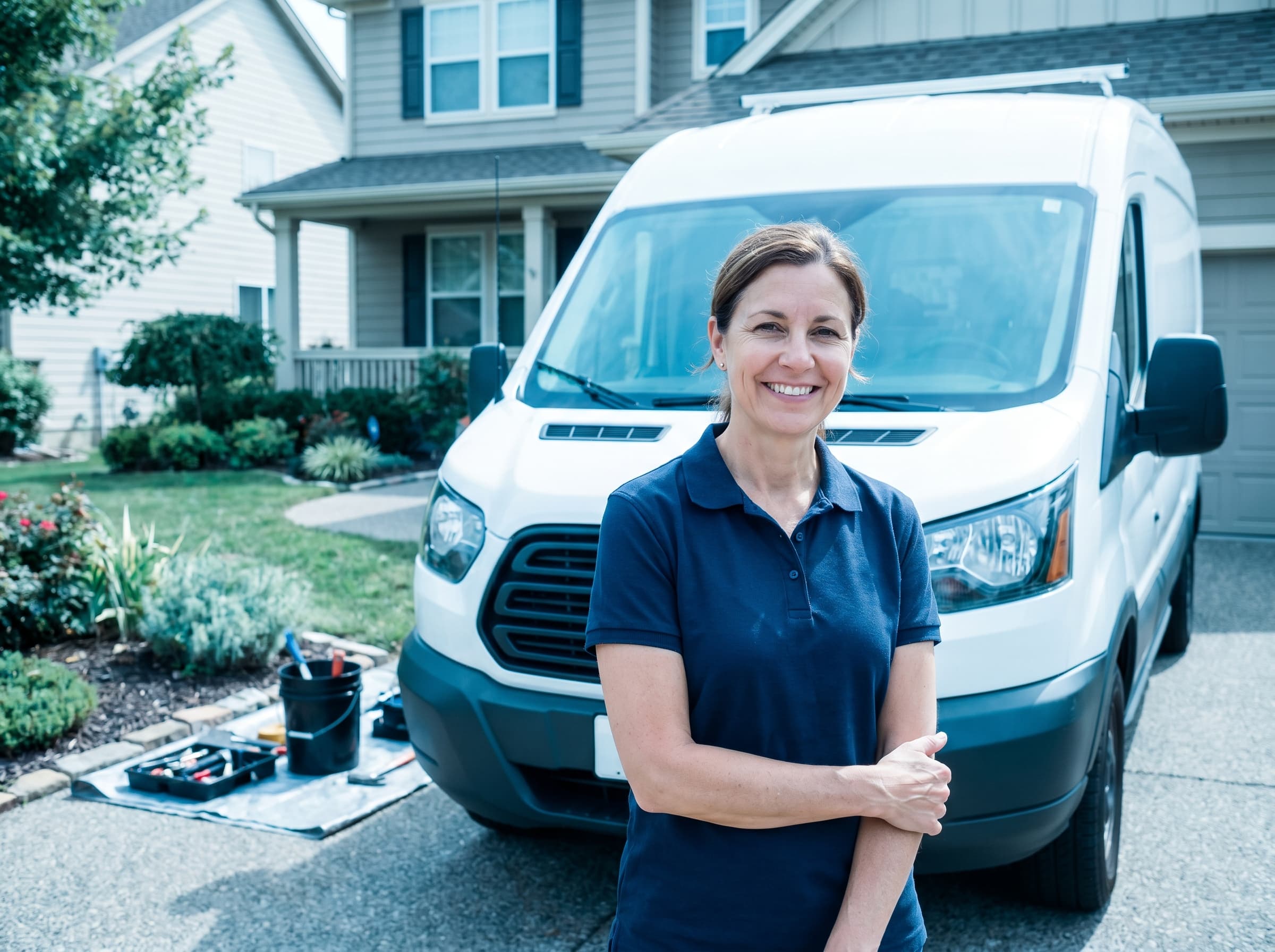 A home-services business owner in front of her work van