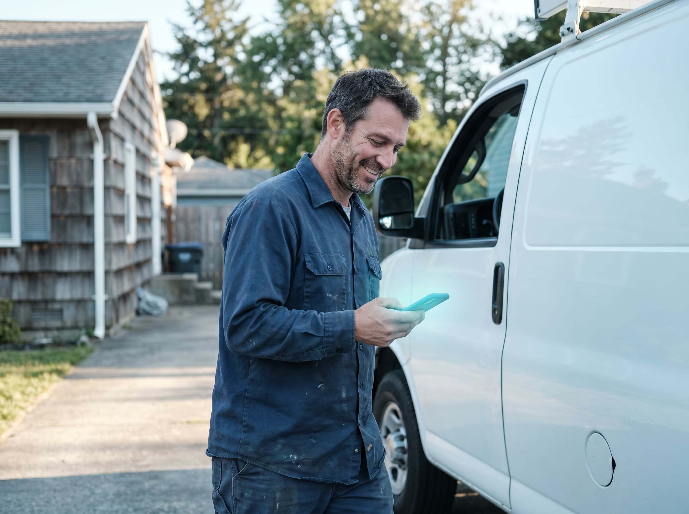 A home-services owner whose calls are answered automatically while he works