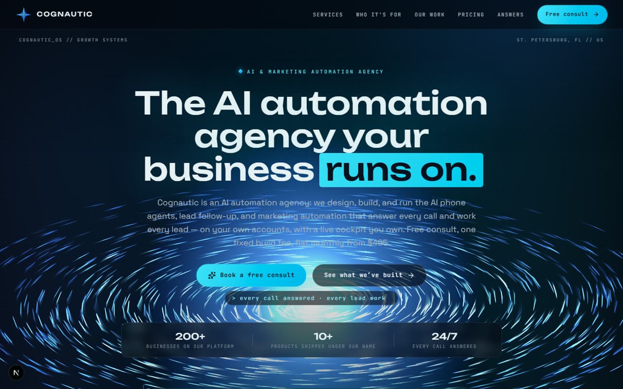 Cognautic home page hero with the live signal field