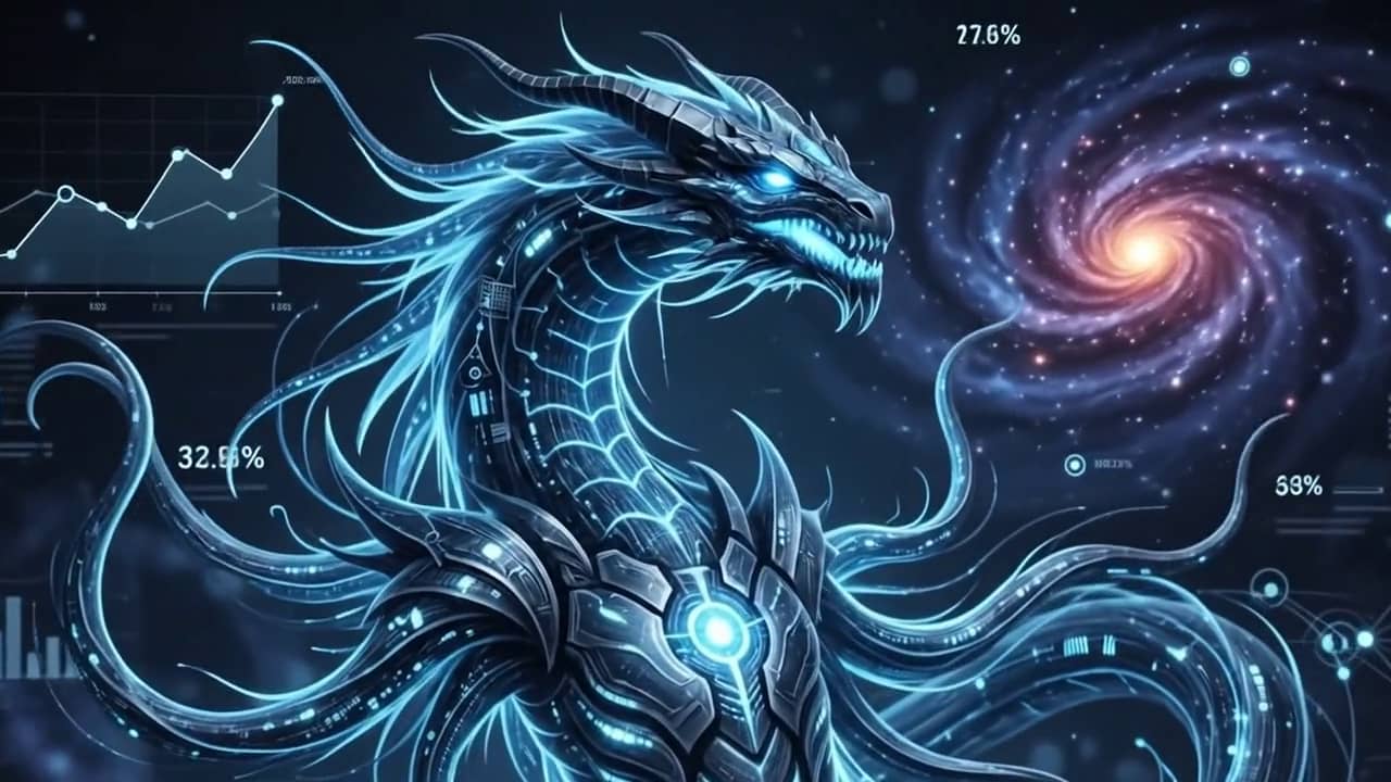 Leviathan — the cybernetic dragon that embodies Cognautic's autonomous growth engine, coiled in deep space beside a spiral galaxy